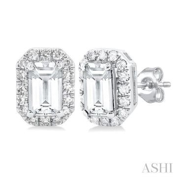5x3 MM Octagonal Shape White Topaz and 1/8 Ctw Single Cut Diamond Halo Semi-Precious Stud Earrings in 14K White Gold
